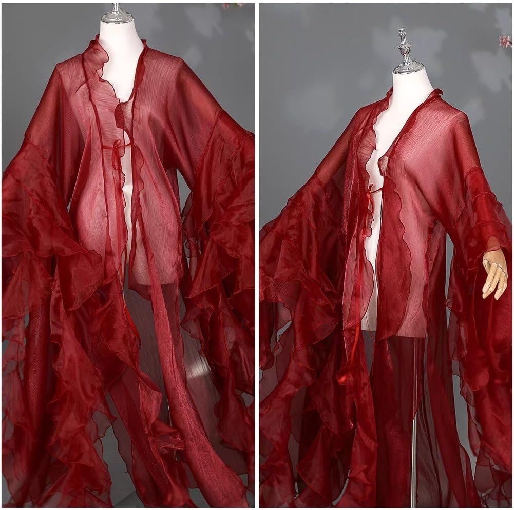 Women's Chinese Hanfu Robe Sheer Organza Wide Sleeve Open Front Cardigan Flowy Hanfu Long Robe Classical Dance Costume