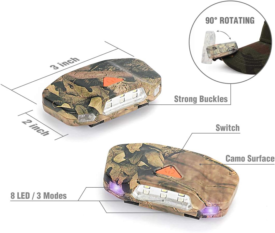 Mossy Oak Cap Hat Light, 8 LED Rotatable Hands-Free Clip-on Hat Light, Lightweight Ball Cap Visor Light, 2 Pack, 3 Modes - for Dog Walking, Running, Reading, Camping, Fishing