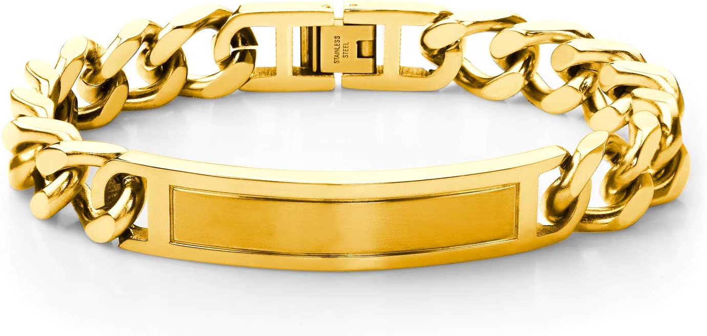 Mens Stainless Steel Bar Plate Tag Cuban Link Curb Chain Bracelet