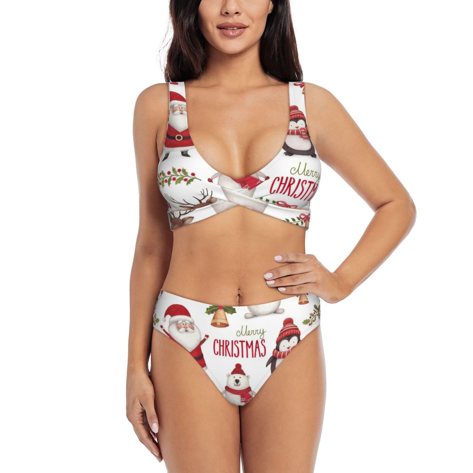 Costume Da Bagno 2 Pezzi Donna Stampa Babbo Natale - Morbido, Elastico, Cinghie Regolabili, Coppa Imbottita Rimovibile, Per Spiaggia E Piscina