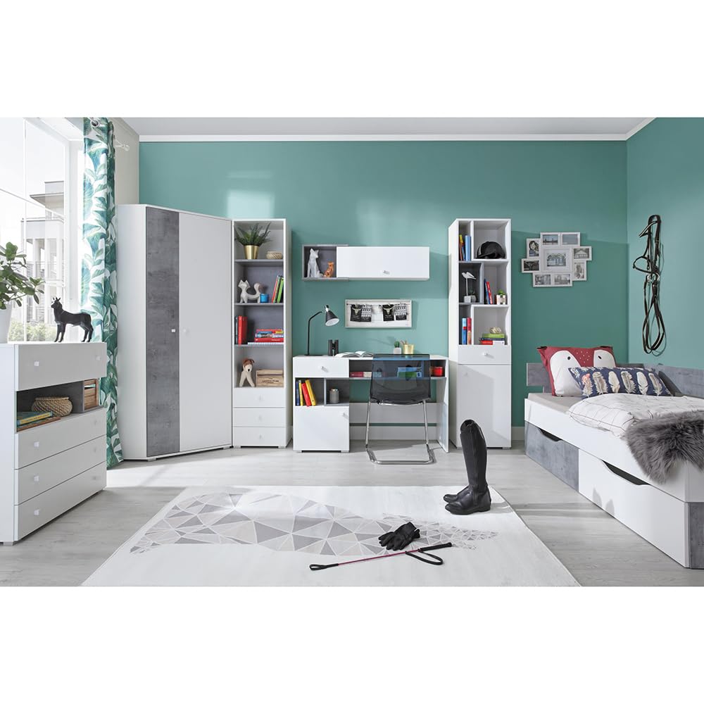 Lomadox Jugendzimmer Set 7-teilig mit Kommode, Eckkleiderschrank, 2 Regalschränke, Wandregal, Schreibtisch, Jugendbett in Beton und weiß modern