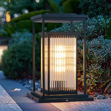 Modern Landscape Lighting Glass Solar Garden Lights Square E26 Bollard Lantern Aluminum Housing Waterproof Pathway Light Outdoor Lawn Lamp for Courtyard Porch Patio Balcony Decoration