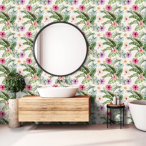 Varystyle 17.7"X118" Tropical Wallpaper Peel And Stick Floral Beige/Green Banana Leaf Palm Hibiscus Flower Wallpaper For Bedroom Removable Self Adhesive Floral Contact Paper For Cabinets Shelves Walls #TOP7