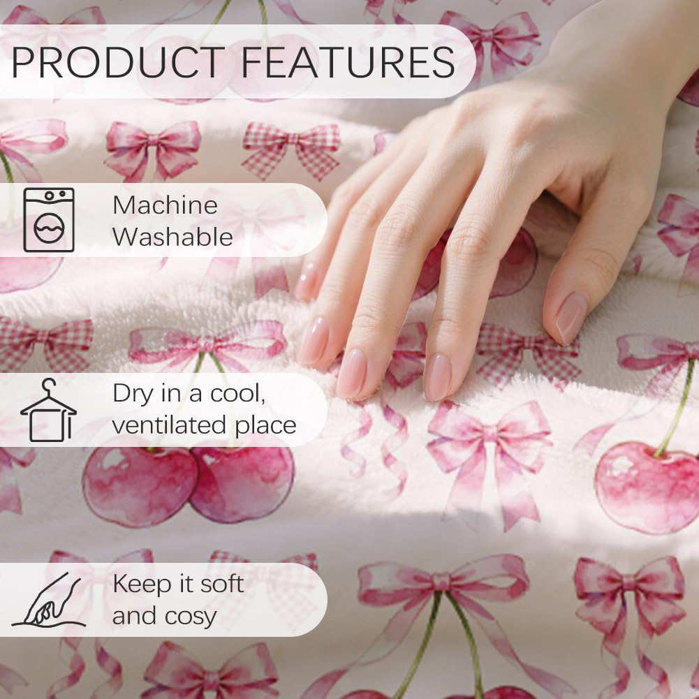 GLOBLELAND Cherry Fruits Blanket 59x51inch Pink Bow Soft Cozy Flannel Throws Coquette Washable Throw Blanket for Home Office Room Bed Sofa Chair Family Friends Gifts