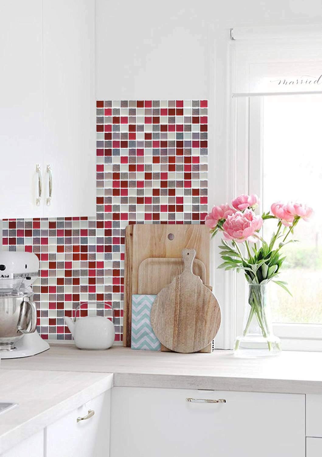 Yoillione Naklejki 3D na płytki mozaikowe naklejki na płytki łazienkowe, czerwone płytki backsplash kuchnia płytka tapeta płytki naklejki ścienne winylowe samoprzylepne płytki odklej i przyklej płytki