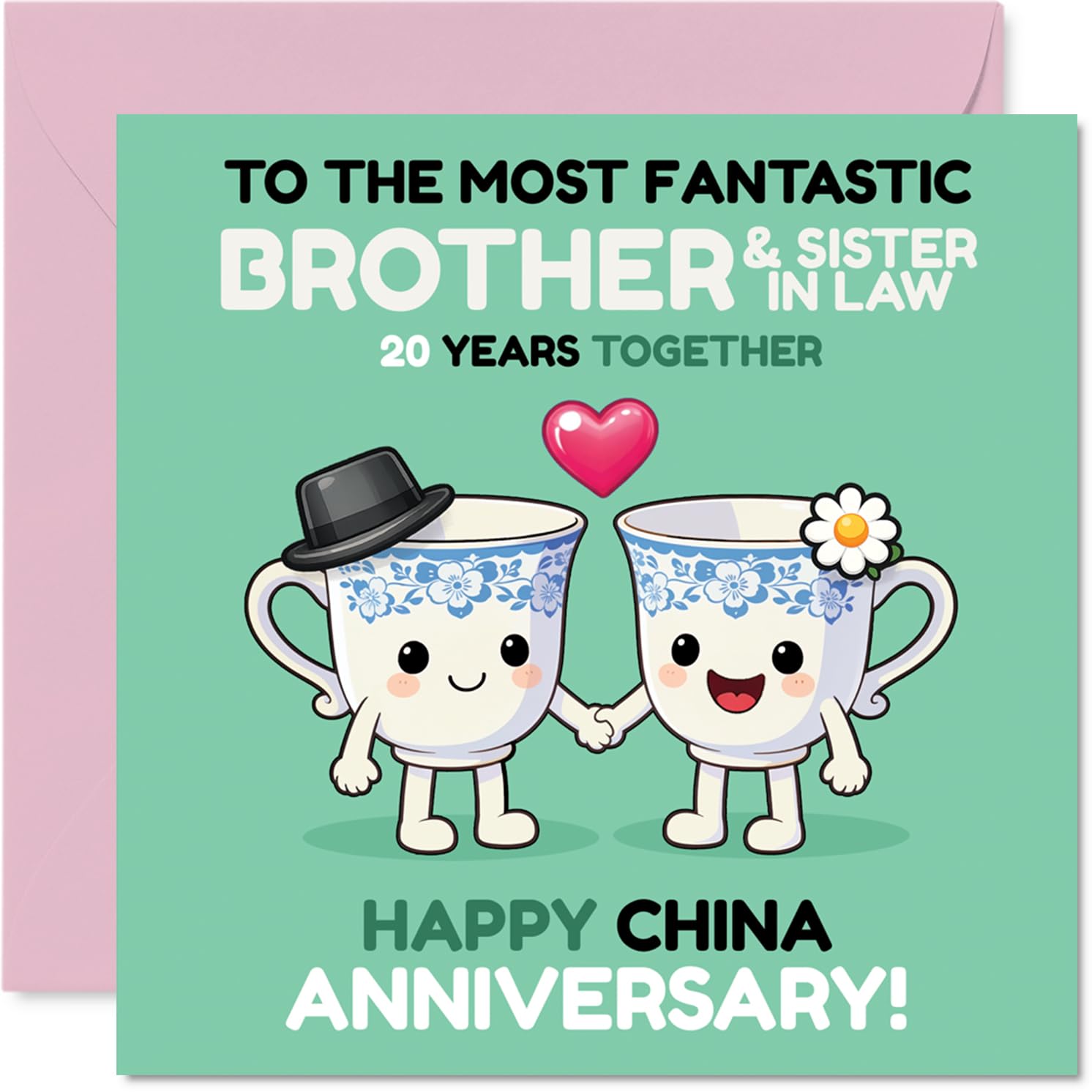 Playful 20th Anniversary Card for Brother & Sister in Law - Raise a Cuppa to 20 Years - Cute Cups Celebrating with Big Smiles - 145mm Square, Envelope Included
