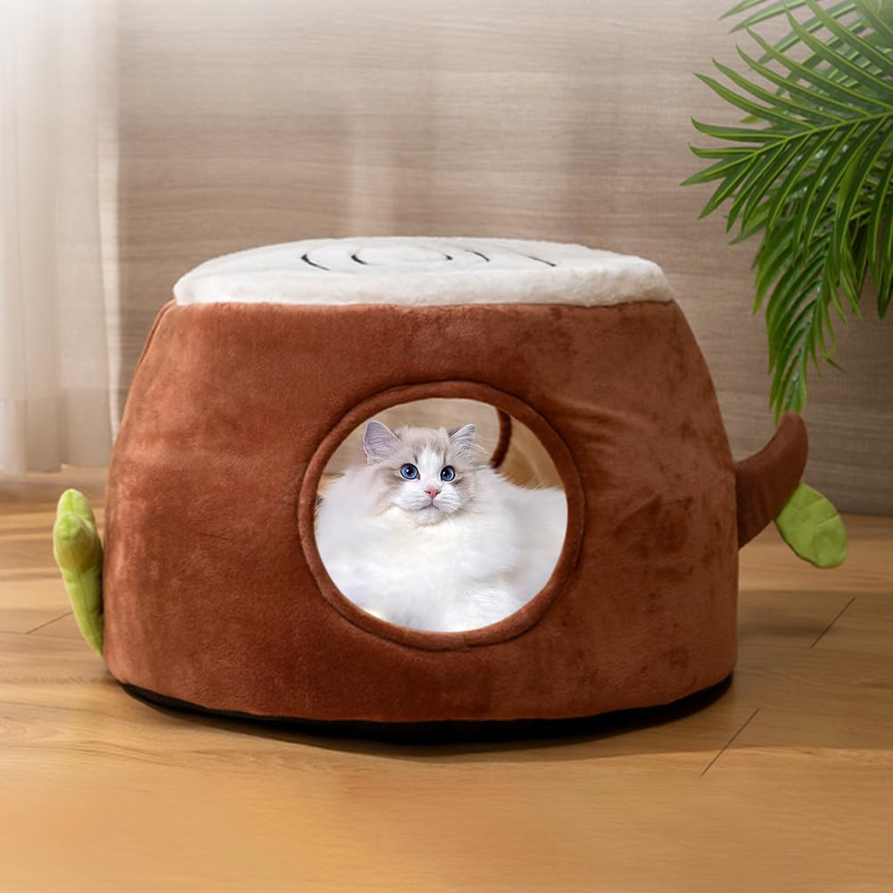 Tree Stump Shaped Cat House & Dog Bed Cave – Self-Warming Fluffy Pet Bed for Indoor Cats & Dogs, Double-Layer Thickened Tree Hole Cat Hideaway, All-Season Cozy Cave Bed (L)