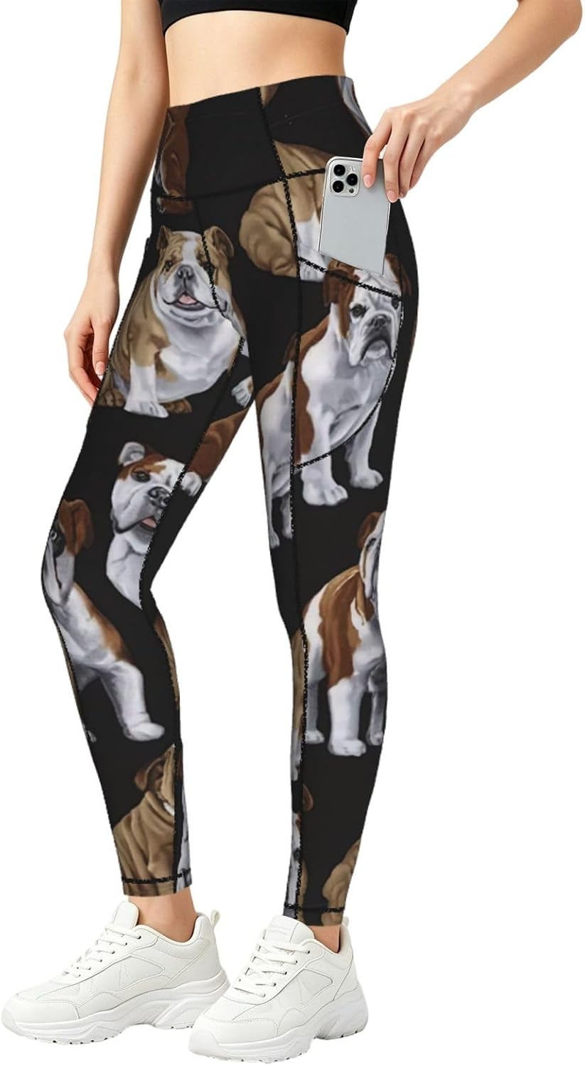 English Bulldogs Print High Waist Leggings with Pockets for Women,Gym Clothes,Compression Leggings