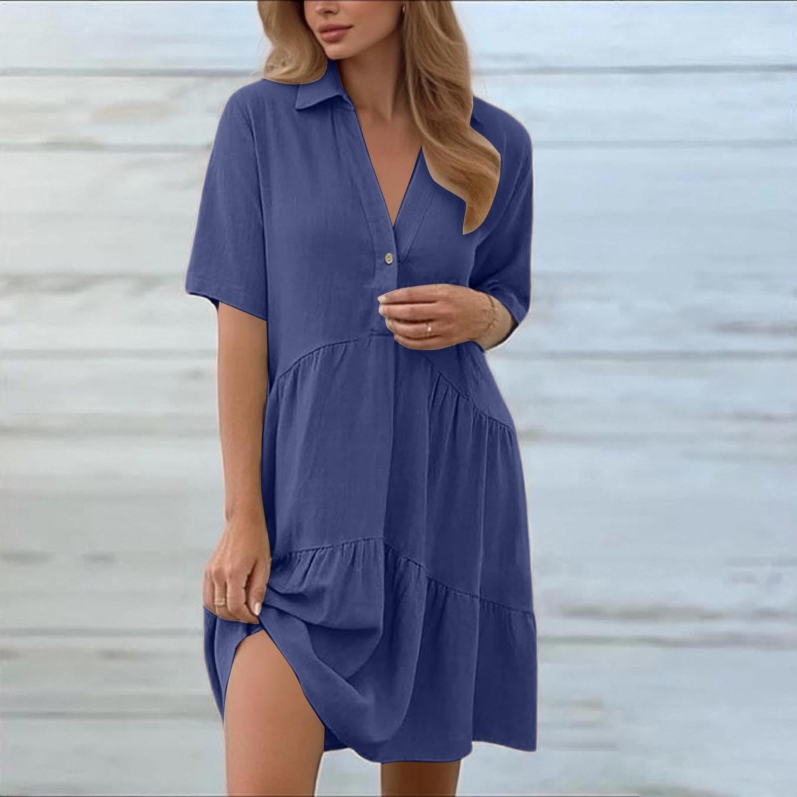 Generico Abito da Donna in Cotone E Lino - Abito Estivo Casual E Ampio Miniabito con Scollo a V, Bottoni E Maniche Corte per Estate E Vacanze Uso Quotidiano E Spiaggia Tutte Le Occasioni
