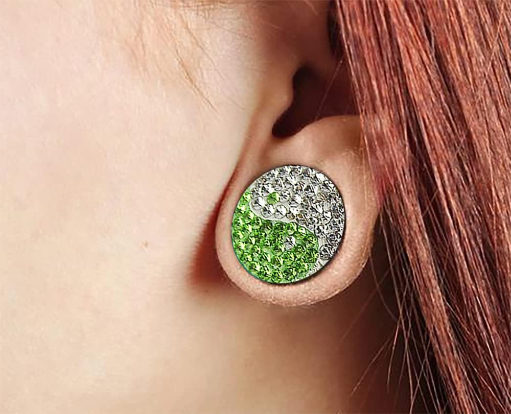 Light Green and White Yin Yang Multi Crystal Stone on Black UV Acrylic Flesh Tunnel Ear Gauge Body Piercing Jewelry