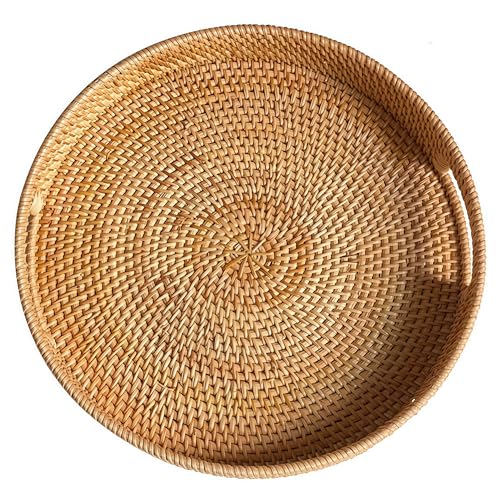 11.8" Round Rattan Tray, Hand Woven Serving Tray with Handles, Wi...