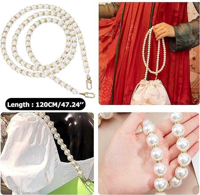 Image of KHOLAD White Bow Phone Chain Crossbody Pearl Strap | 2in1 Wrist & Shouler Crossbody Lanyard | Pearl Beads Charms Chain with Phone Tether Patches | Compatible with Most Phones, Bag, Purse