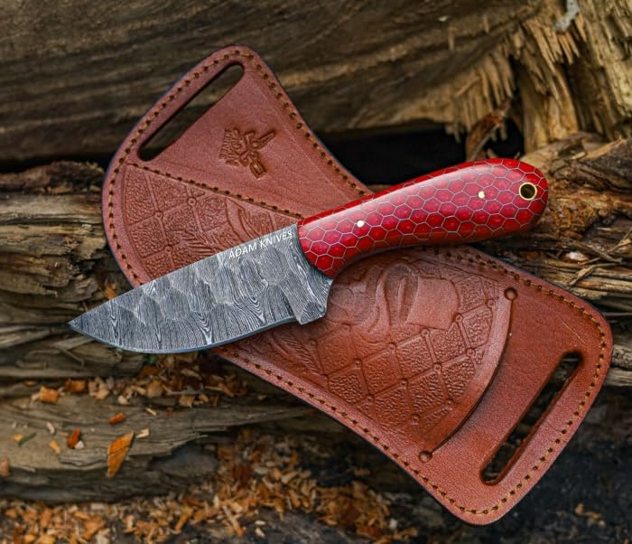 ADAM KNIVES Fixed Blade Damascus Steel Skinning Knife with Leather Sheath, 7'' Full Tang Hunting Skinning Knife,Honey Comb Handle,Camping Knife (Red Honey Comb)