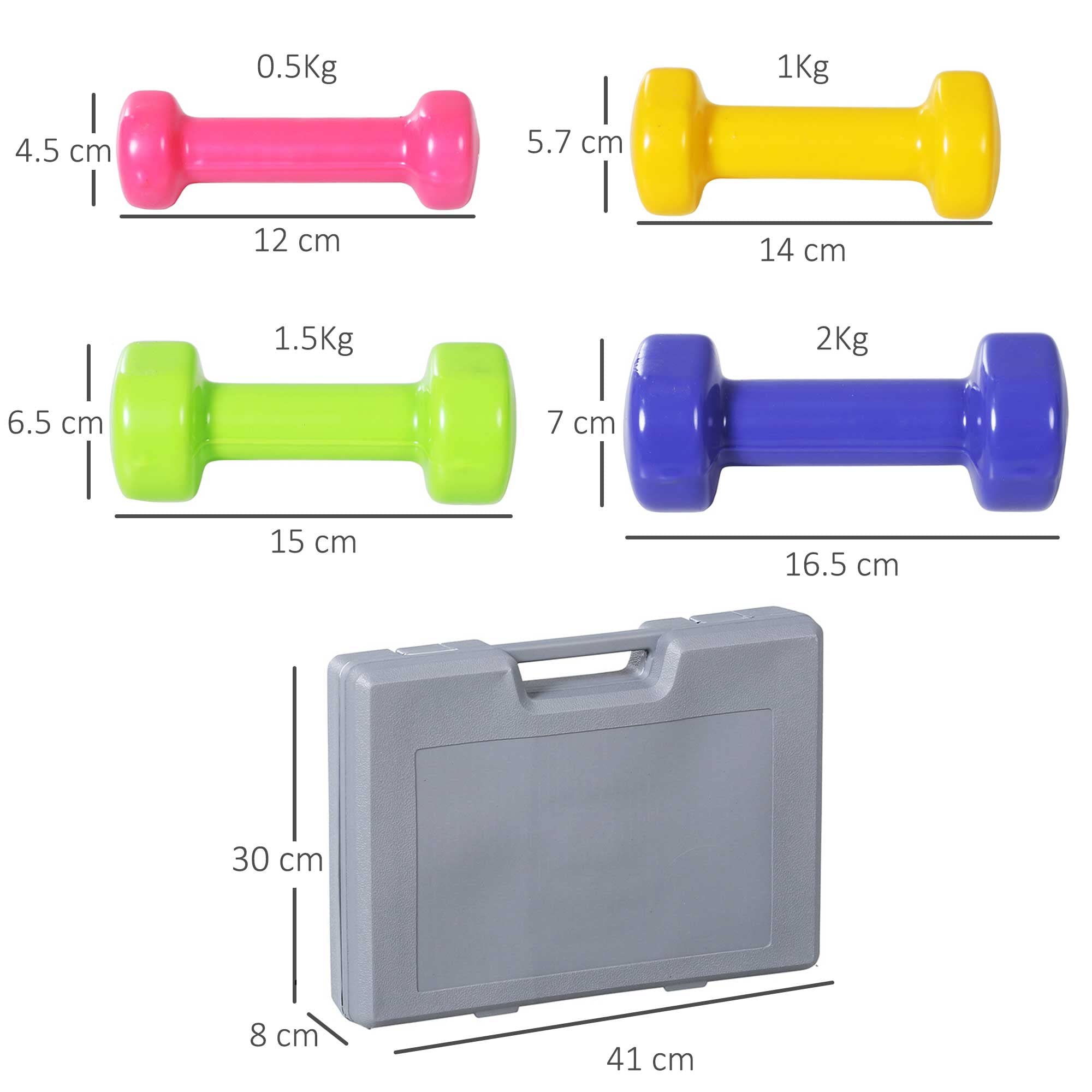 HOMCOM Manubri Pesi, Set Manubri Palestra da 10kg con Valigetta 4 Paia di Manubri (2x0.5kg, 2x1kg, 2x1.5kg, 2x2kg)