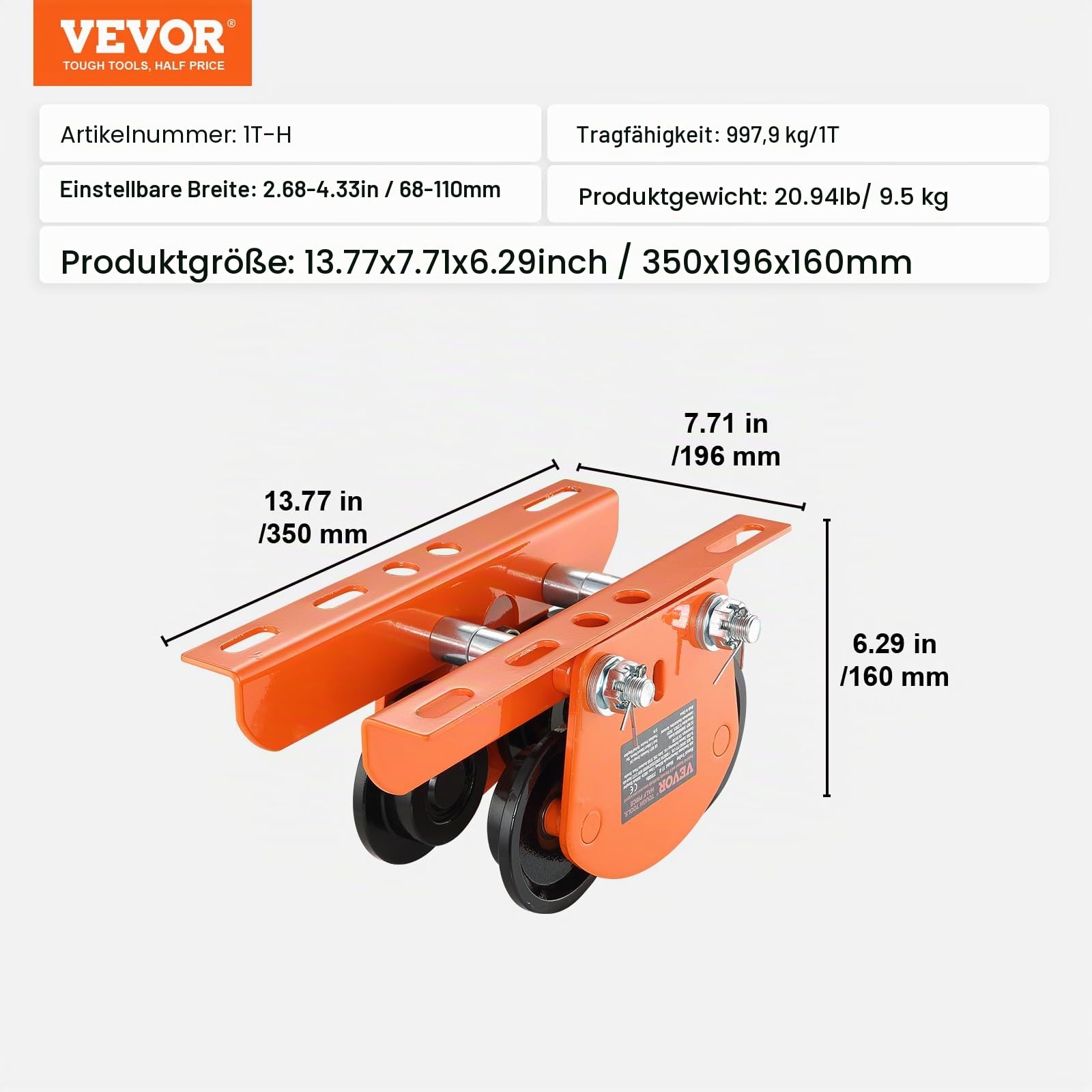 VEVOR Laufkatze 1Tonnen Tragfähigkeit Hallenkran 68-110mm Einstellbare Breite Kran 350x196x160mm Rollfahrwerk Doppelrad-Design Handfahrwerk für I- und H-Trägern Hallenkran Ladekran