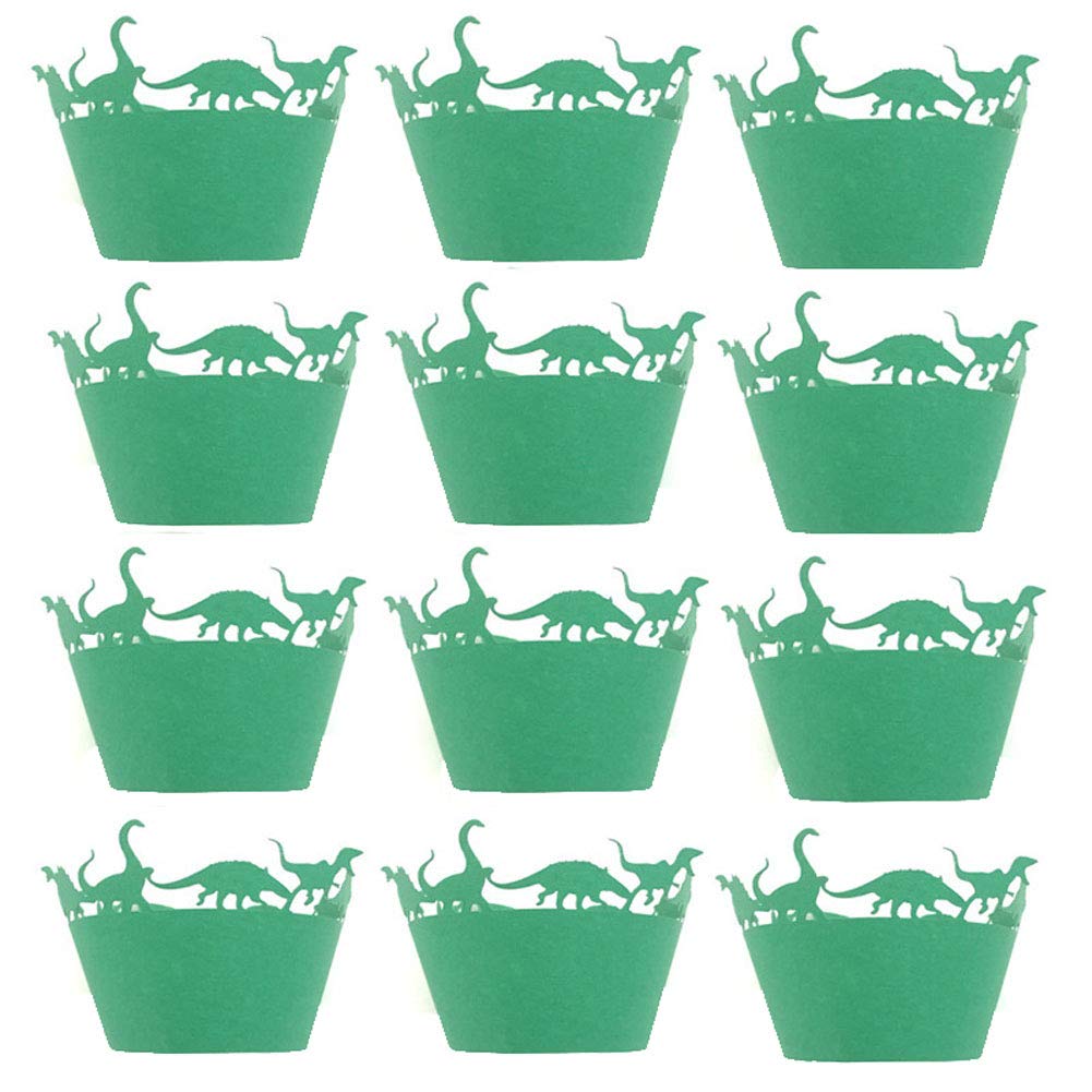 24 Pcs Cupcake Wrappers Dinosaur Laser Cut Cupcake Liners Baking Cup Holder for Wedding Party Birthday Baby Shower Decoration (Green)