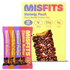 Misfits Vegan Protein Bars – Updated Recipe | Plant Based, Low Sugar & Carb, High Fiber Snacks | Variety Pack of 12 (4 Flavors)