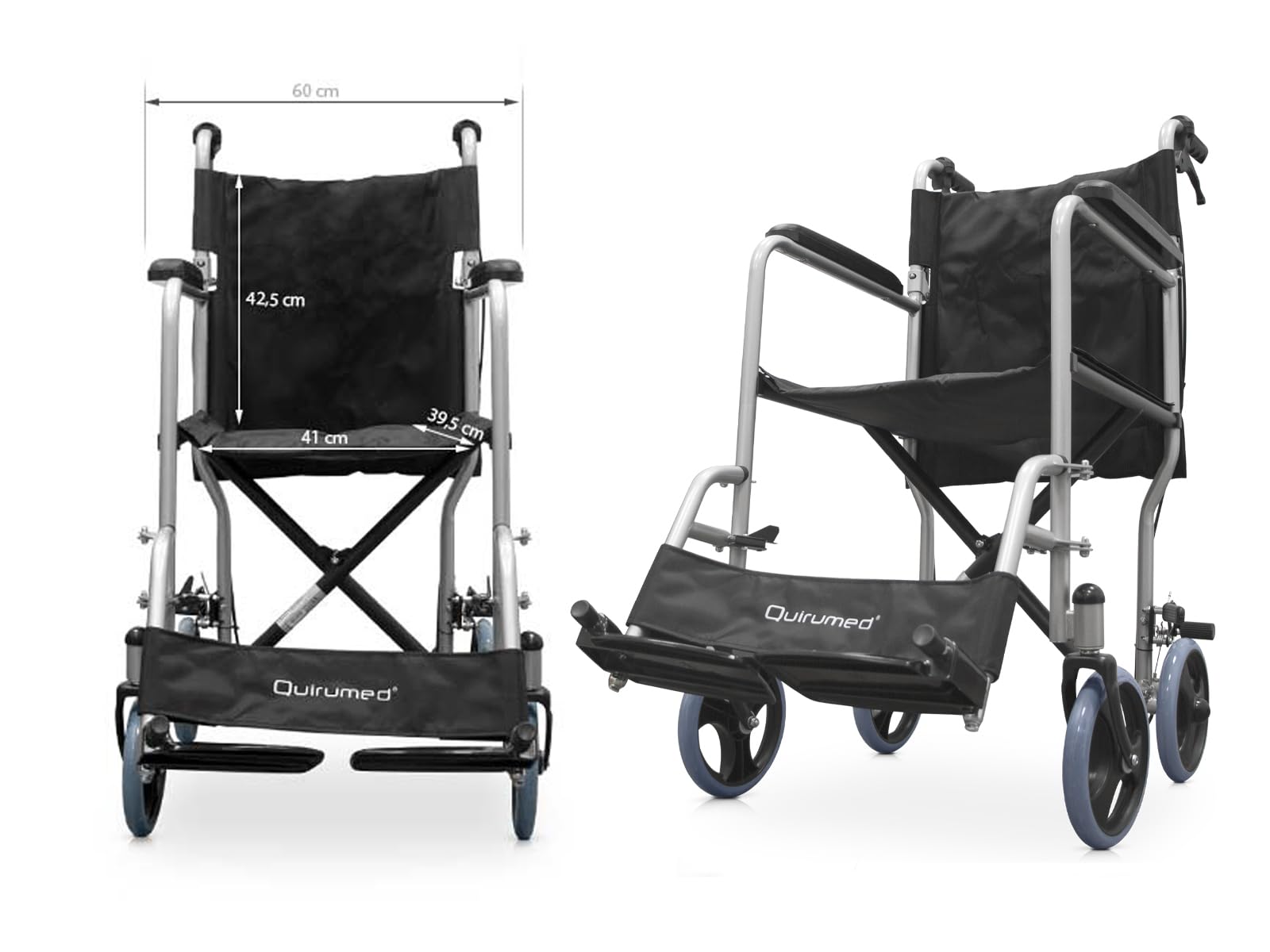 QUIRUMED Silla de ruedas para casa, ancho asiento 41 cm, silla de ruedas de tránsito, Ligera, Plegable, Bolsillo portadocumentos, Para mayores, Para minusválidos