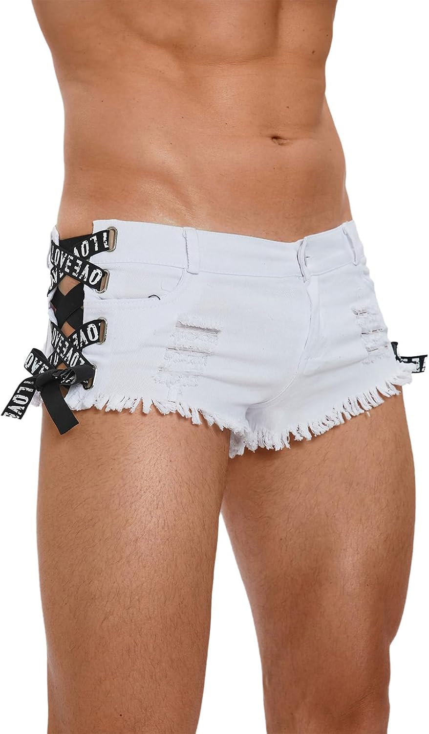 Men Western Mini Shorts Ripped Distresses Frayed Raw Hem Low Rise Cut Off Side Tie Cheeky Boxer Briefs