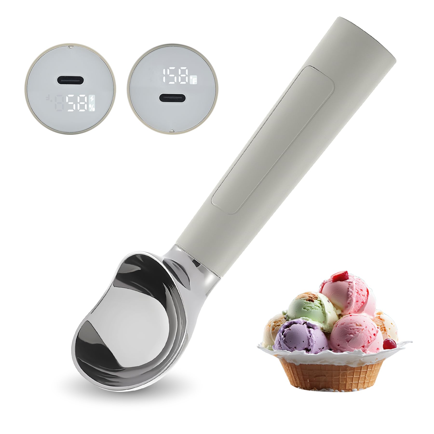 Cuchara de helado calentada recargable, cuchara eléctrica para helado con pantalla LED, se calienta a 70.0 °C para helados duros, fácil para personas mayores y niños, impermeable IP67 (gris, 2 onzas)