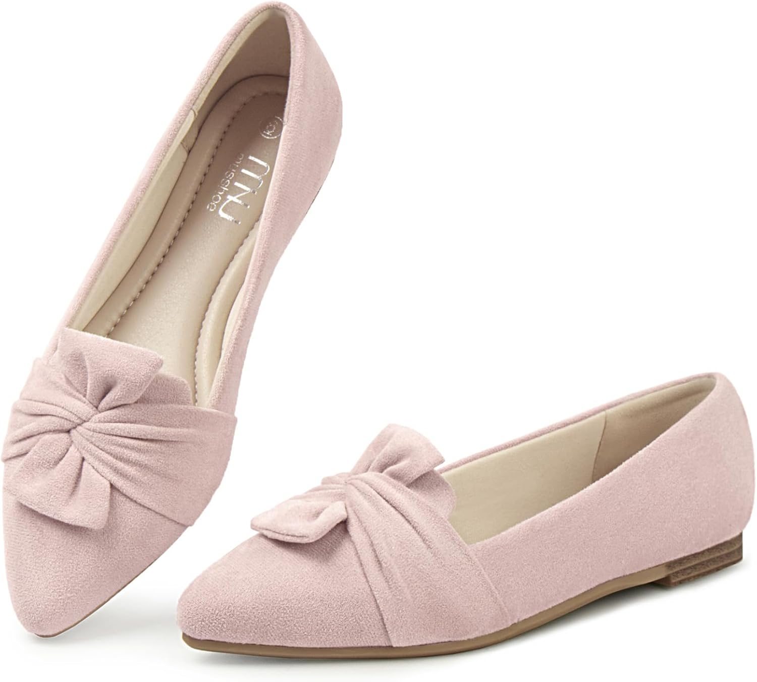 MUSSHOE Women's Pointed-Toe Ballet Flat: Bowknot Dressy Flats Comfortable Memory Foam Shoes - Wedding Party Business Work Office Pink Suede 40.5