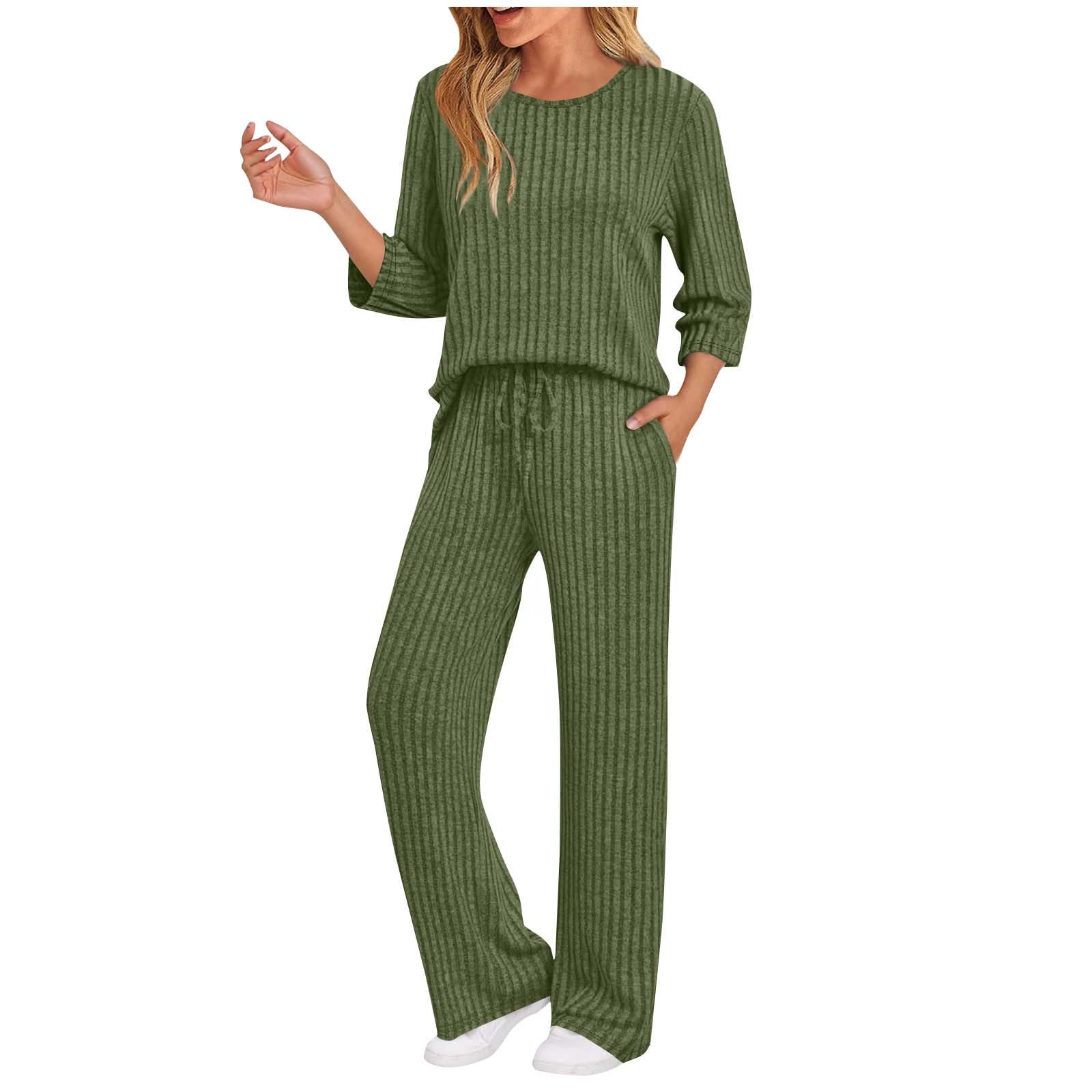 Womens Ribbed Knit Lounge Set 3 4 Sleeve Top and Long Pants Pajamas Crew Neck 2 Piece Soft