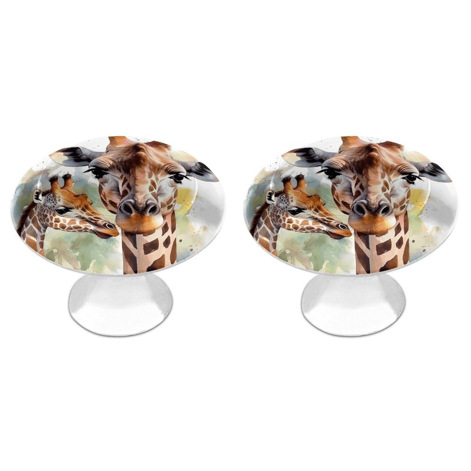 QMNLKH Watercolor Deer Giraffe Cabinet Knobs for Home, Round Drawer Pulls for Kitchen, Personalized Cupboard Handles with Screw, Fashion Dresser Knobs for Office, Drawer Handles, 2 Packs