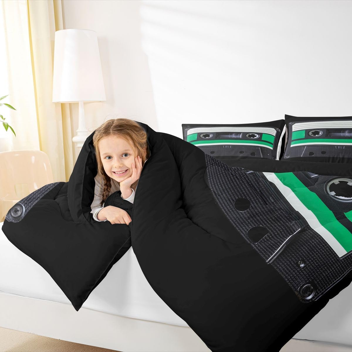 Erosebridal Black Retro Audio Cassette Bedding Set Twin Music Record Player Comforter Set, Green Cassette Tape Duvet Insert 90s Party Quilt Comforter, Classical Music Themed Bedding Comforters & Sets