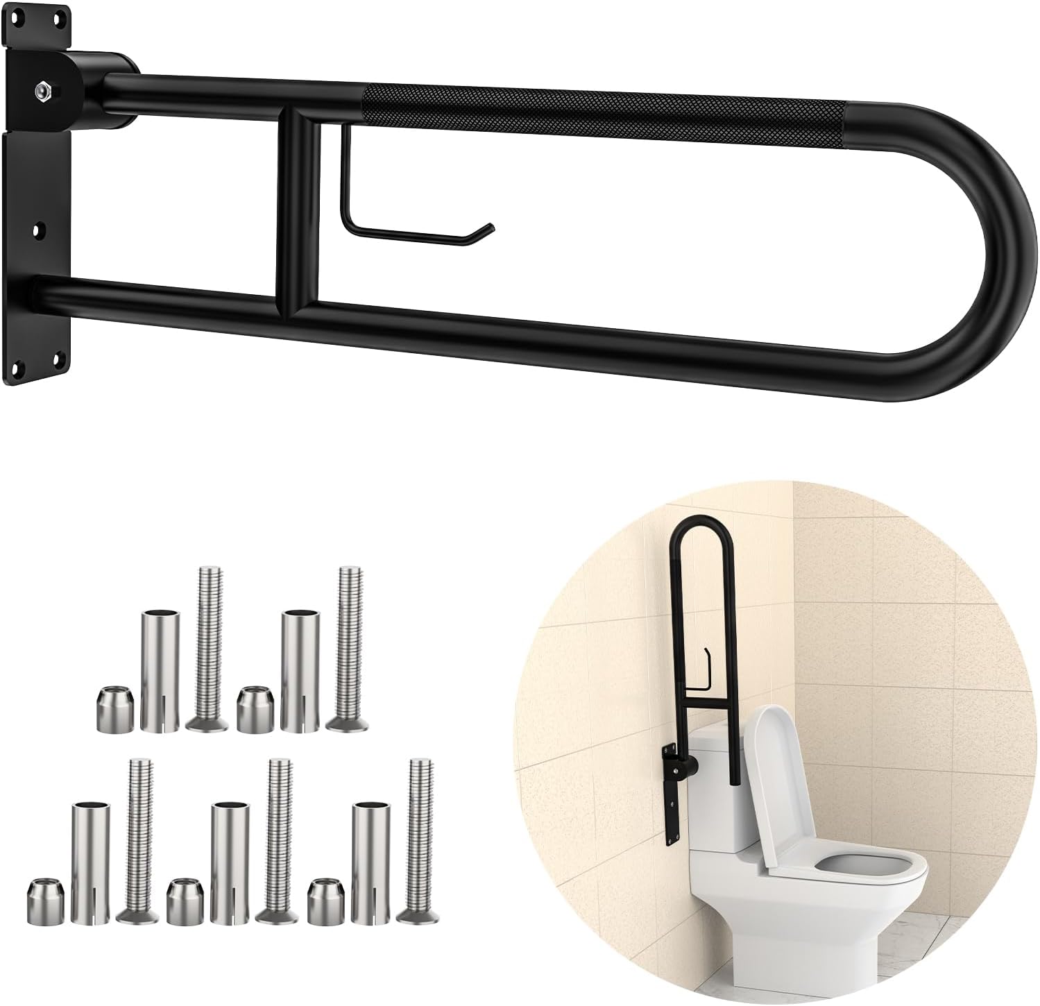 Toilet Grab Bar 30.3 Inch, Flip Up Grab Bar with Paper Holder,Matte Black Anti-Slip Safety Bars for Toilet, Stainless Steel Knurled Toilet Handles for Seniors Disabled Elderly Pregnant