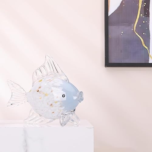 Miniatura 6 de Figuras grandes de peces de vidrio soplado a mano, arte de vidrio marino para acuario, escultura de estatua de pez azul y blanco, acento costero