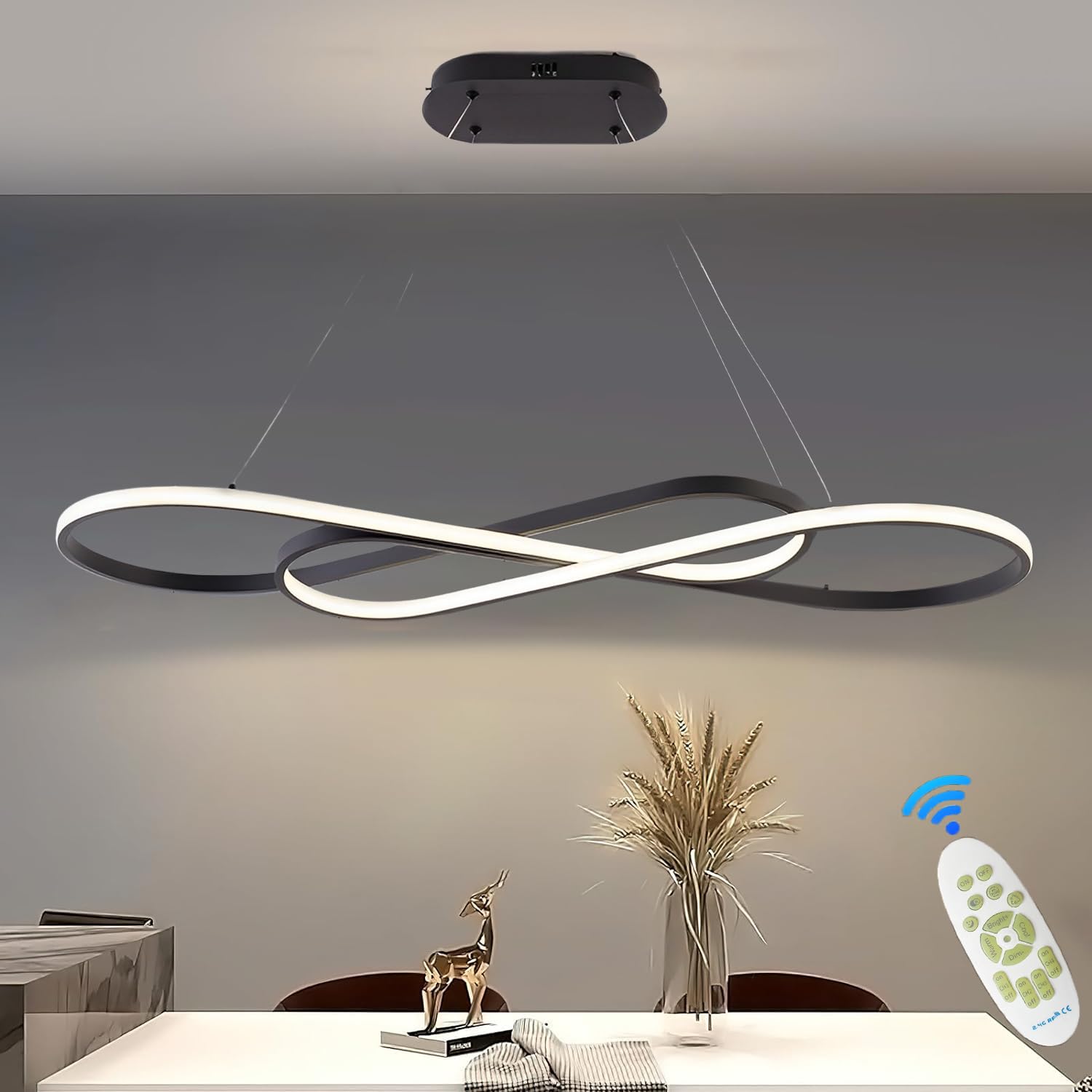 Lámpara colgante LED mesa de comedor lámpara colgante regulable con control remoto lámpara colgante diseño lineal lámpara de araña ajustable en altura para mesa de comedor comedor(L100cm/57W) negro