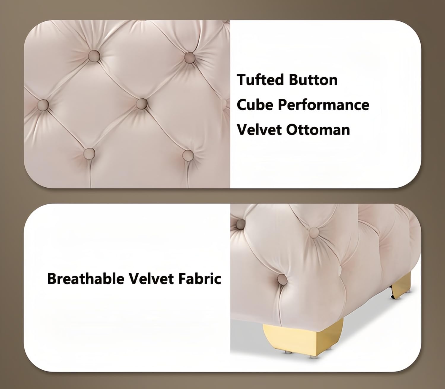 Otomana tapizada de terciopelo gris claro, reposapiés con botones para sala de estar, dormitorio, elegante decoración del hogar, muebles modernos, solución de asiento de felpa