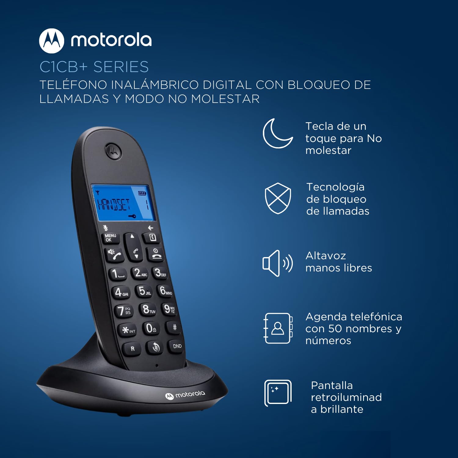 Motorola C1001CB+ - Teléfono Inalámbrico Digital DECT - Modo Call Blocking, Identificador de Llamadas, Manos Libres, Agenda 50 números, Pantalla Retroiluminada - Color Negro — view 3