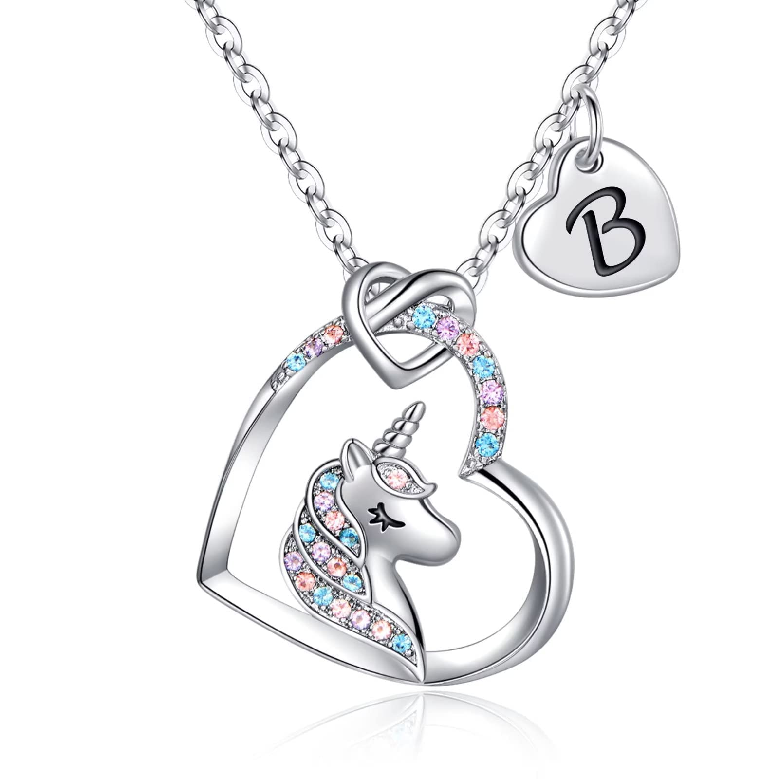 TINGN Einhorn Geschenke für Mädchen ab 6-8 Jahren, Silber Einhorn Halskette für Mädchen Buchstaben B Kette Teenager Geschenk Schmuck Kinder Geburtstagsgeschenk für Kinder ab 5 6 7 8 Jahre