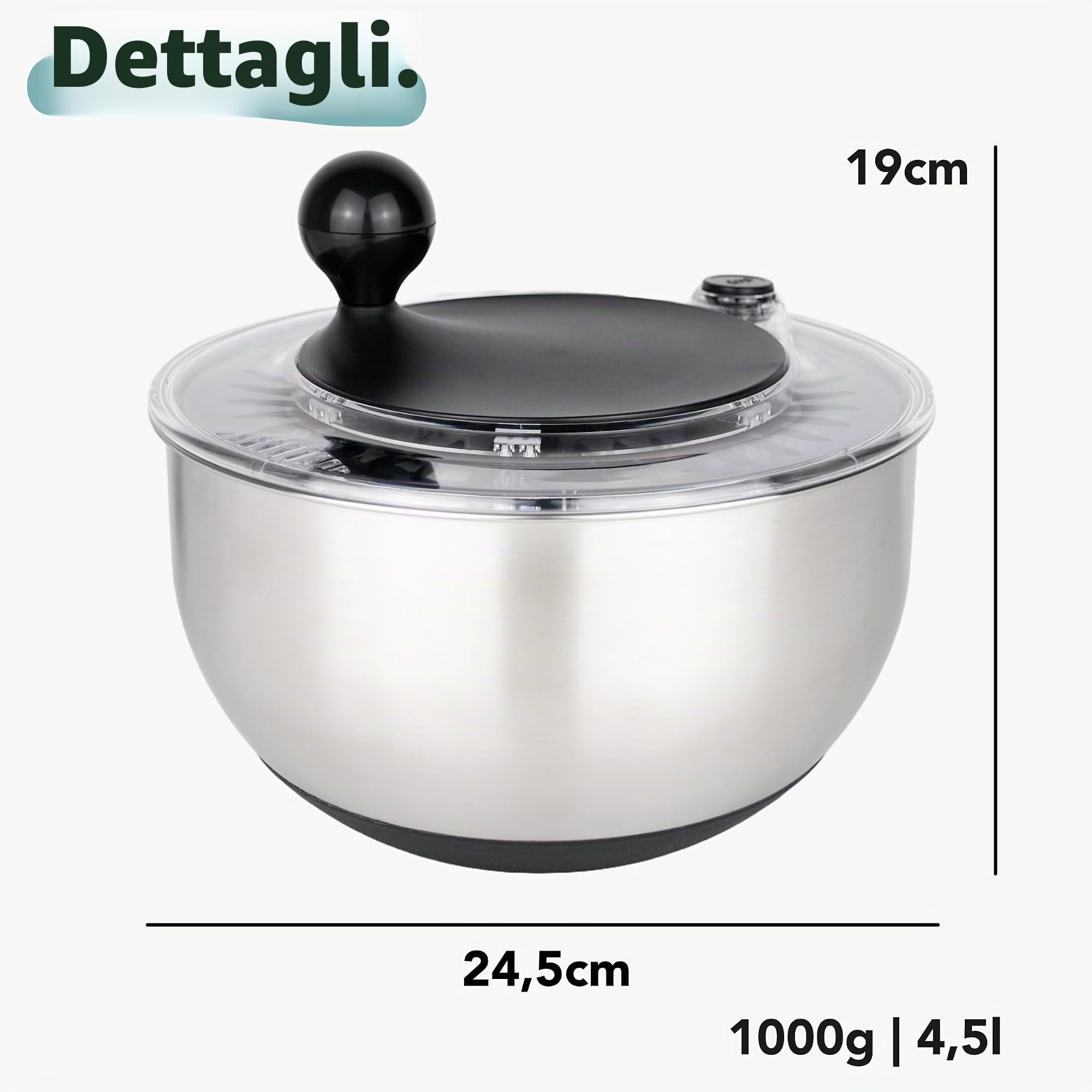 Cookery Centrifuga per insalata in acciaio INOX (4,5 l) + affettaverdure con 5 lame | semplice centrifuga per insalata grazie al fondo antiscivolo e al manovellino