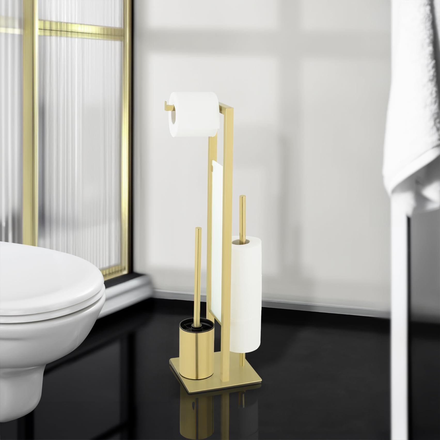 Stand Rivalta Gold - Escobillero de inodoro de pie 3 en 1 para papel higiénico, ruedas de repuesto y escobilla de inodoro, acero inoxidable, 18 x 70 x 23 cm, color dorado