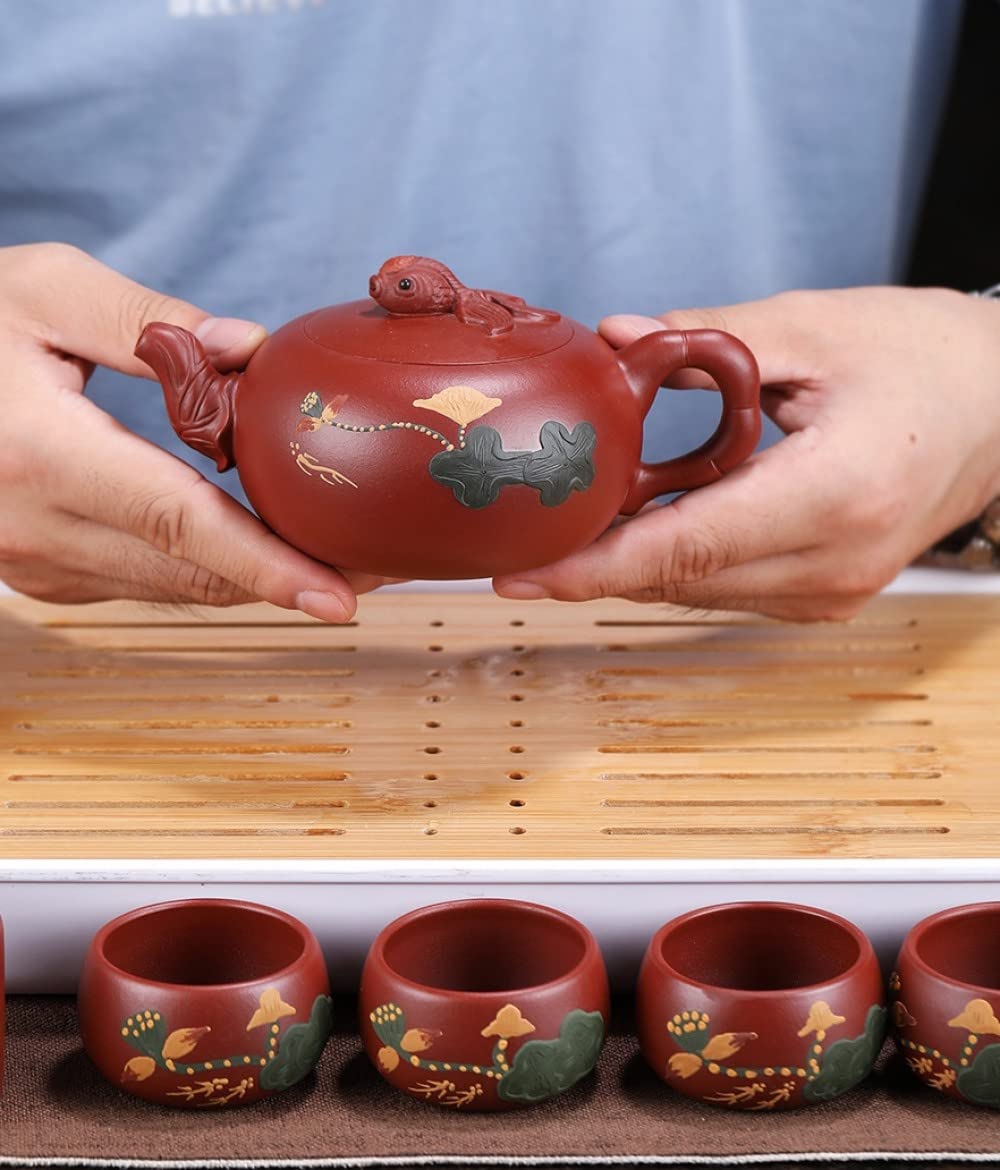 Chiński zestaw do herbaty Yixing Zisha, ceramiczny zestaw do herbaty, fioletowy dzbanek do herbaty z reliefem przedstawiającym rybę lotosu, 4 filiżanki i pudełko dla miłośników herbaty, taty, dziadk