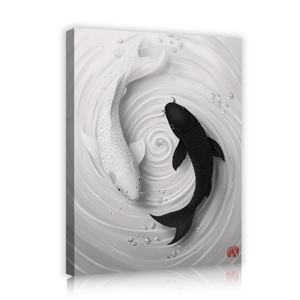 Via Vela Yin Yang Koi Fish Canvas Wall Art Black White Carp Painting Abstract Water Ripple Zen Artwork for Yoga Studio Dining Room Office Decor 50x75cm