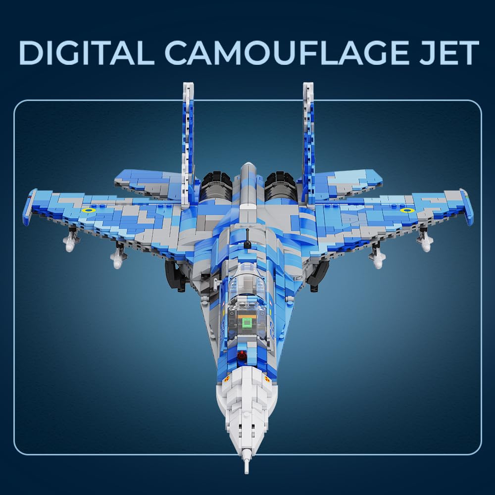 MISINI M8025 SU-27 Flanker Klemmbausteine Bausatz, MOC Militärflugzeug Modell mit Ständer und Namensschild, Kampfflugzeug Ausstellung Geschenk für Militärfans und Erwachsene Enthusiasten-2345 Stück