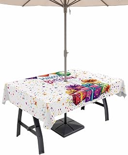 Happy Birthday Celebration Party Outdoor Tablecloth with Umbrella Hole and Zipper Colorful Present Balloon Rectangle Table Cover Waterproof Table Cloth for Patio Garden Picnic Party,52x70in