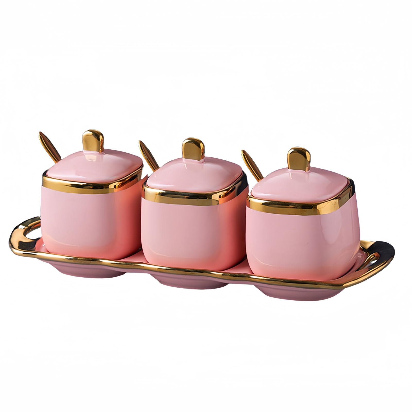 Dowbom Pink Sugar Bowl With Lid And Spoon, Sugar Pot Set Of 3, Sugar Container Spice Jar, Salt Pot Seasoning Canister (,8 Oz), Db-Tg-004