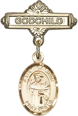 Gold Filled Baby Badge with St. Casimir of Poland Charm and Godchild Badge Pin 1 X 5/8 inches