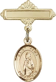 14kt Yellow Gold Baby Badge with St. Alice Charm and Polished Badge Pin 1 X 5/8 inches