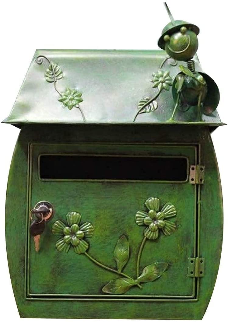 Sjdopulse Green Suggestion Box Safe Lock Box Ballot Box Donation Box Garden Retro Wall Decoration Mailbox Wall Mounted Galvanised Steel Weatherproof Post Boxes Antique Letter Box Garden Wall Hanging Iron Mailbox Deco