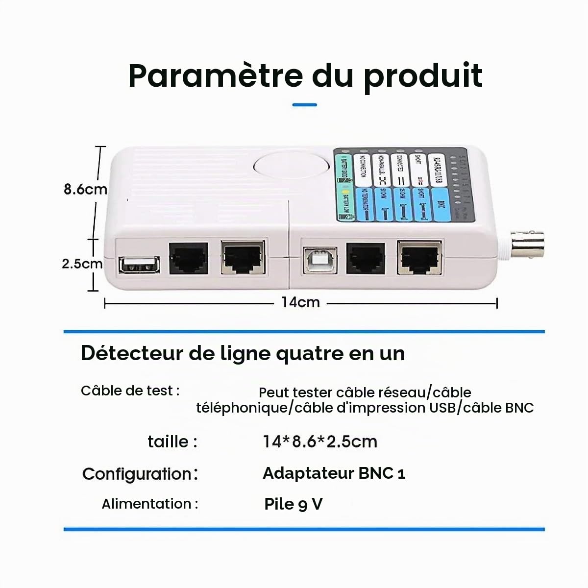 Testeur de câble réseau multifonction 4 en 1, testeur de fil Cat5 Cat6 de câble LAN RJ45/RJ11/USB/BNC, Testeur de câble réseau - BNC, RJ45, RJ11