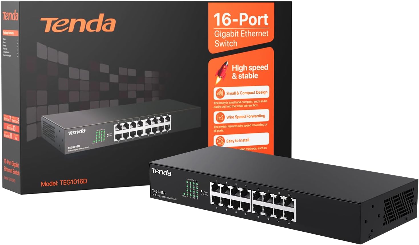 Tenda TEG1016D, 16-Port Gigabit Switch, Unmanaged Desktop Network Hub, Office Ethernet Switch, Sturdy Metal, Fanless, Traffic Optimization, Limited Lifetime Protection