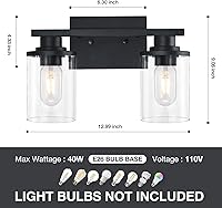 Vista 3 de Accesorios de iluminación de baño, Luz de tocador de baño mate negra de 2 luces, Luces de tocador con base de metal y pantalla de vidrio