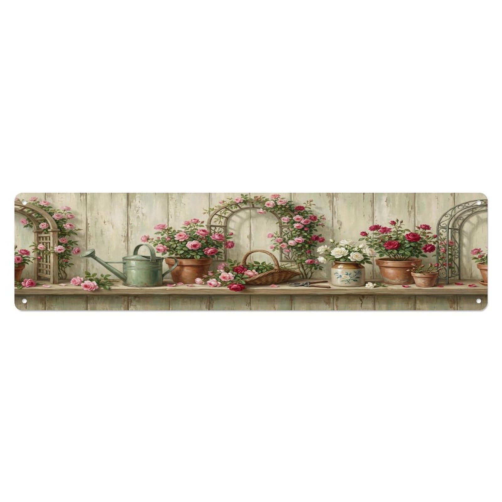 Floral Garden Tools Rose Arch Pattern Print Metal Tin Sign