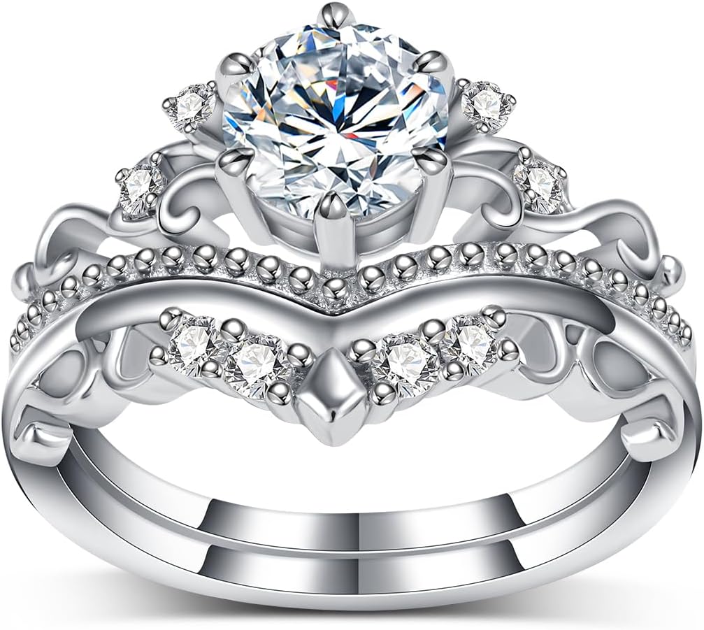 Round-Cut Moissanite Crown Engagement Rings Sets for Women,10K 14K 18K Real Gold Wedding Band Set,Bridal Ring Sets with Free Engraving