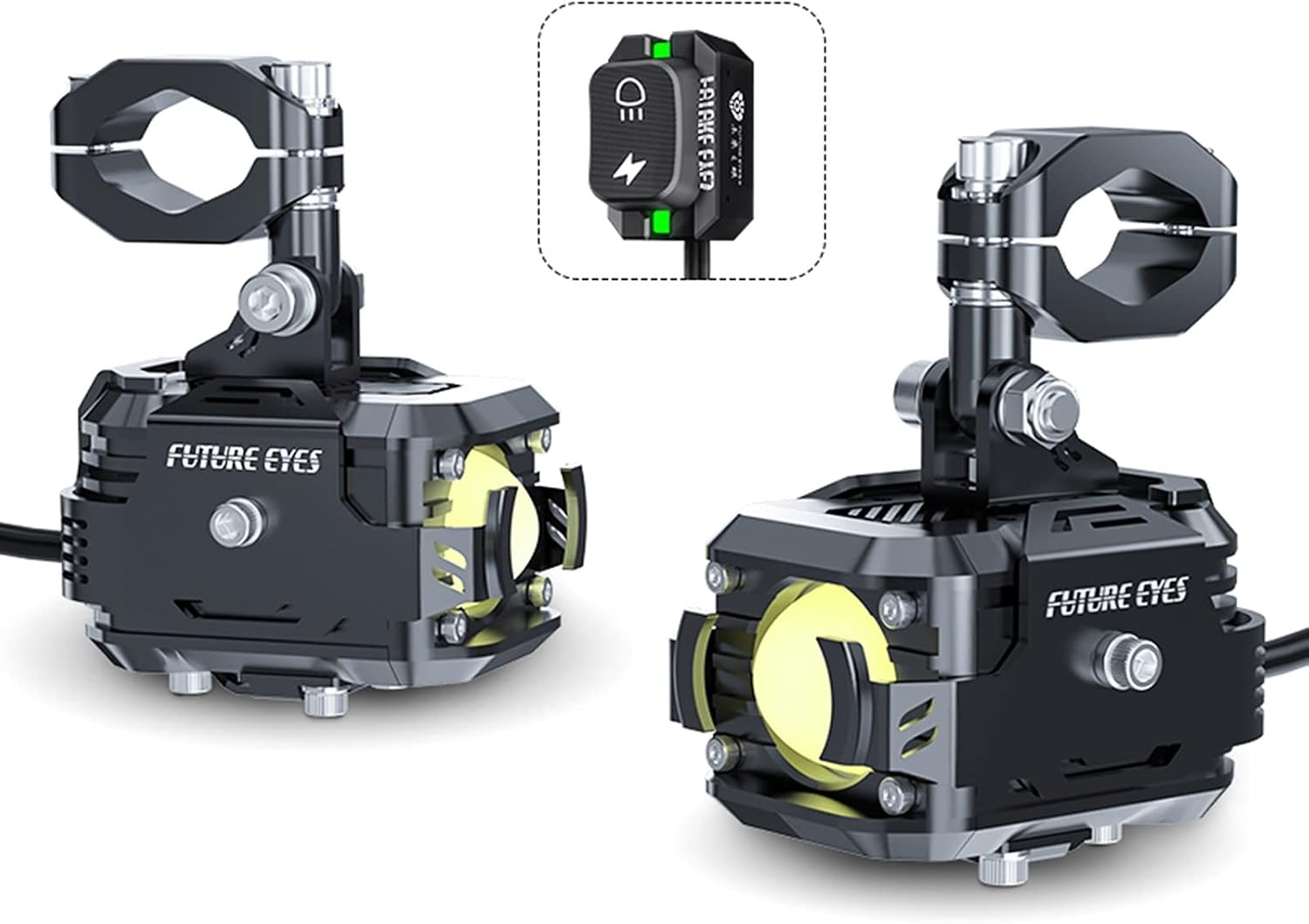 FUTURE EYES F150 60W Motorcycle Headlight Wired/Wireless Backlight Switch Auxiliary LED Auxiliary Kits Fog Lights (Black - Wired - Low Yellow + High White)